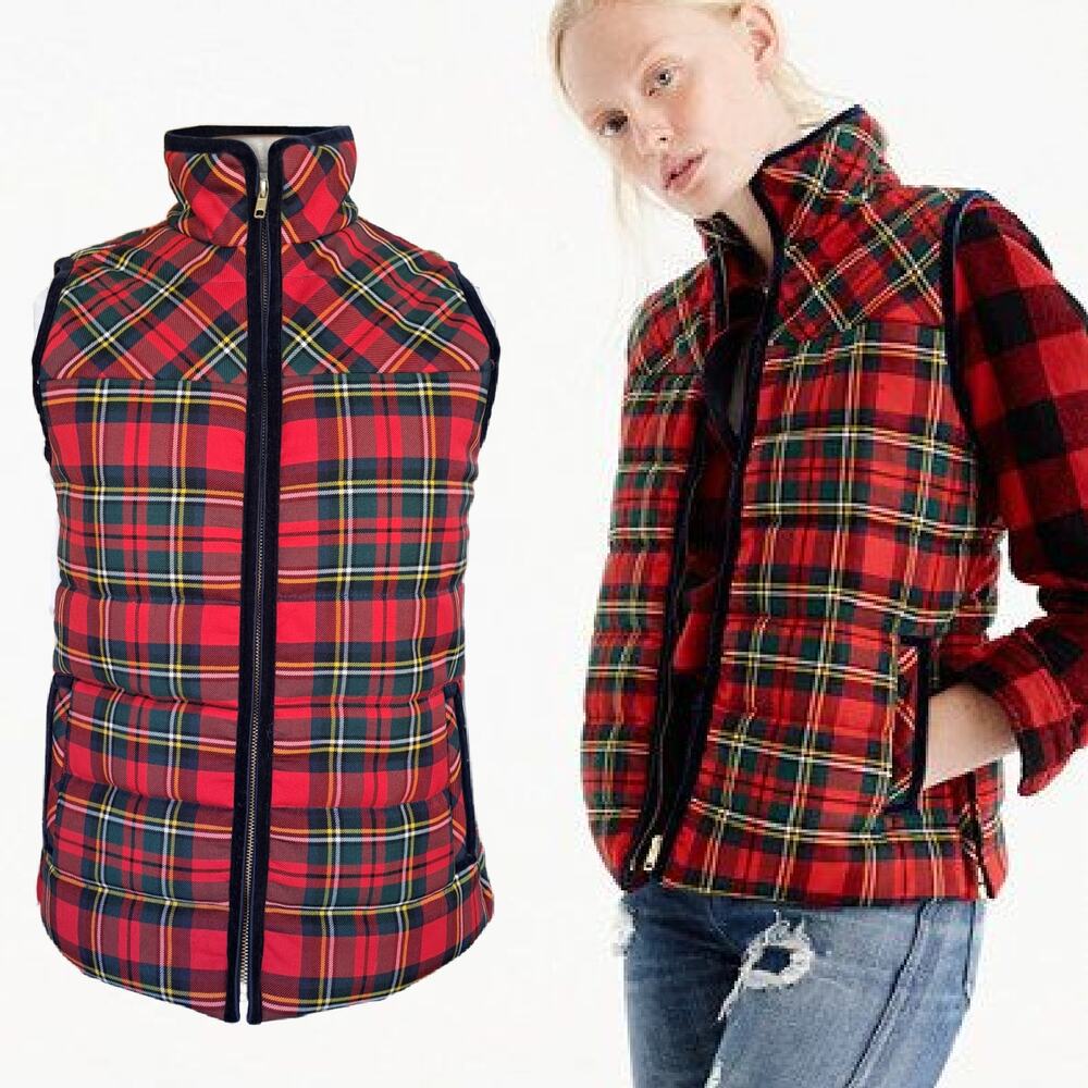 J.Crew Tartan Mountain Quilted Puffer Vest Size XS Red Green Navy Preppy Holiday
